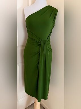 Michael Kors One-Shoulder Olive Green Draped Midi Dress
